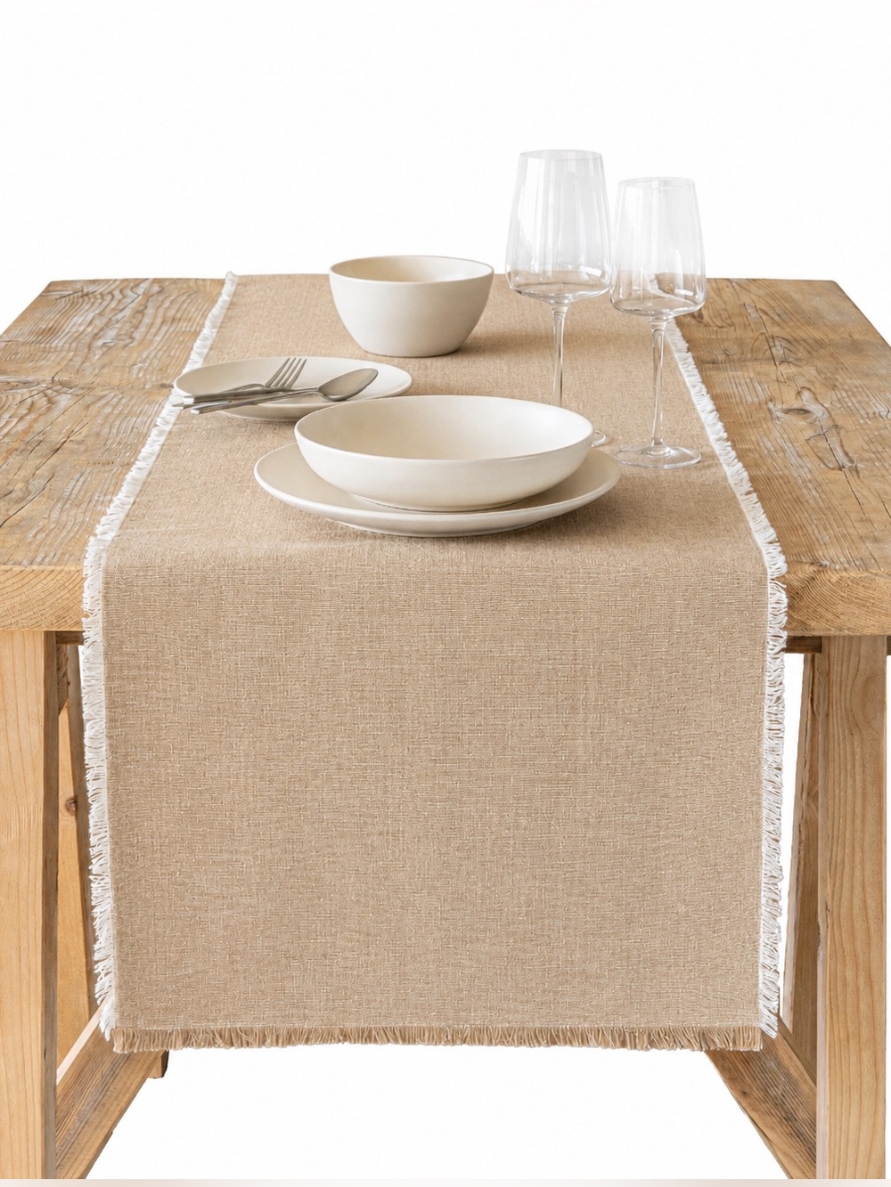By Anthropologie Beige Fringe Edge Table Runner